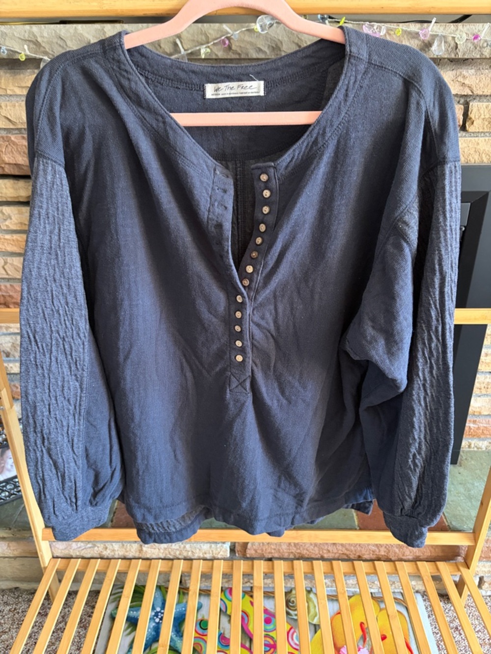 Free People Dark Charcoal Button-Front Long Sleeve Top